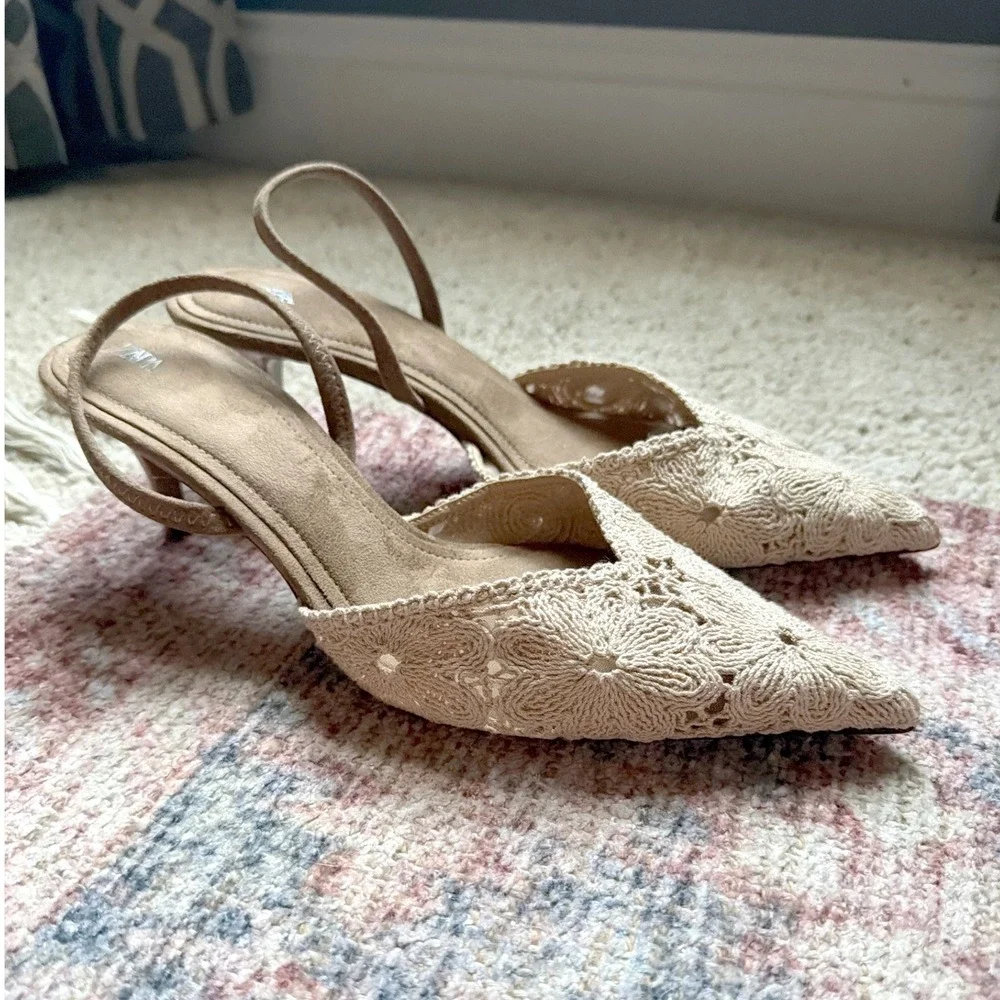 Zara Crochet Slingback Heels Womens 39 Cream Mesh Pointed Toe Boho Kitten Heel